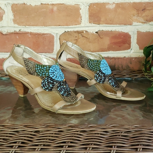 Pella Moda Shoes - Pelle Moda Beaded Back Zip Stacked Heel Sandals 7M